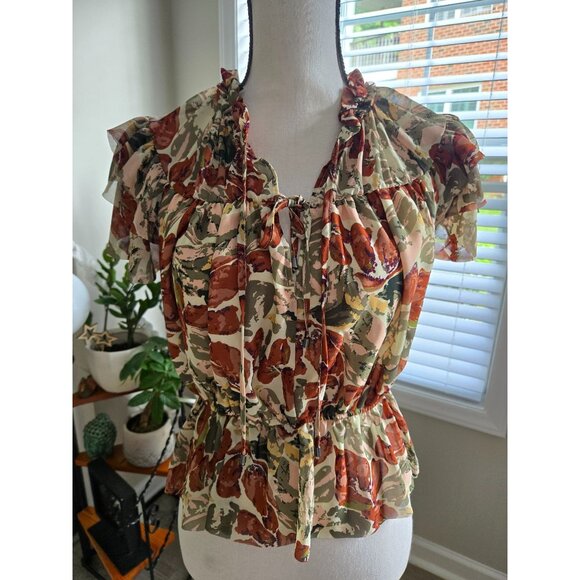 Ruffled Floral Peplum Blouse Womens Size M Multicolor Lightweight Fabric Elegant - Picture 1 of 9